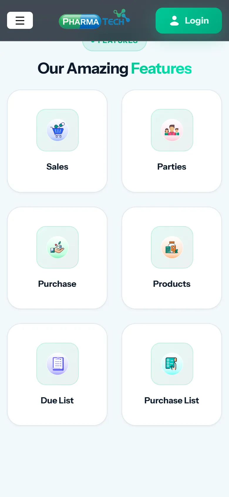 PharmaTech Pro website on a phone: module grid