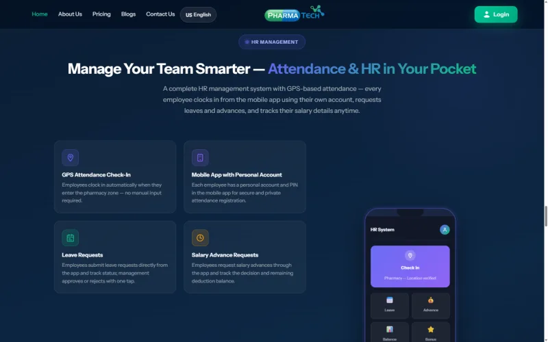 PharmaTech Pro website: HR module with GPS attendance, leave and salary-advance requests on mobile