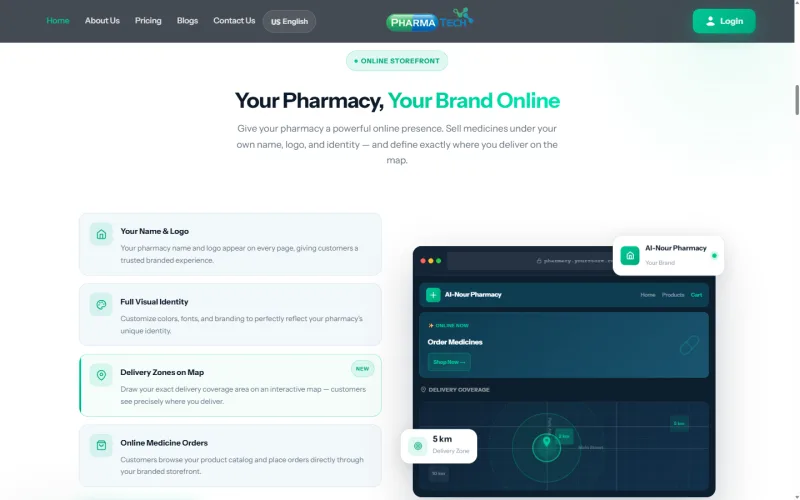 موقع PharmaTech Pro: ميزة المتجر الإلكتروني مع معاينة متجر الصيدلية وخريطة مناطق التوصيل