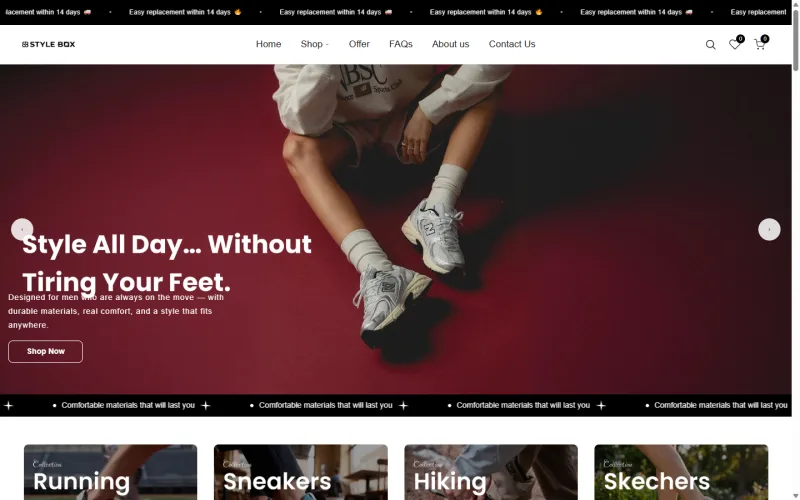 StyleBox homepage: footwear hero banner and collections for running, sneakers and hiking