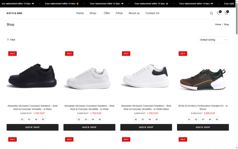 StyleBox shop page with filter, sorting, sale prices, size options and quick-shop buttons
