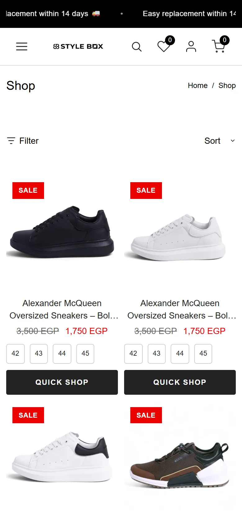 StyleBox shop page on a phone with product cards and quick-shop buttons